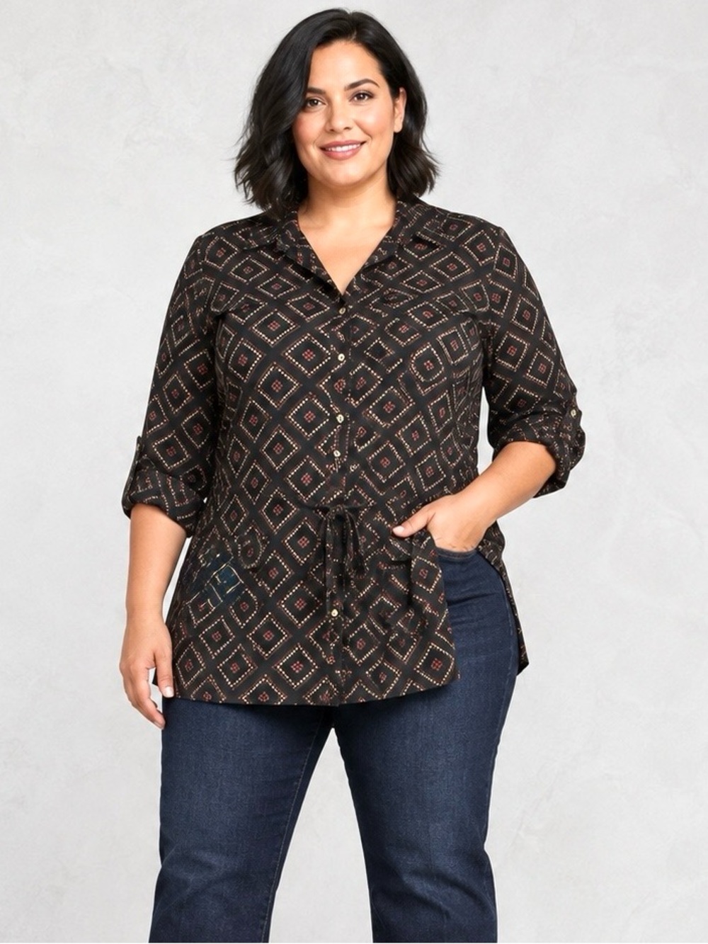 NWT Geometric Print Drawstring Tab Sleeve Longline Blouson Blouse 3X